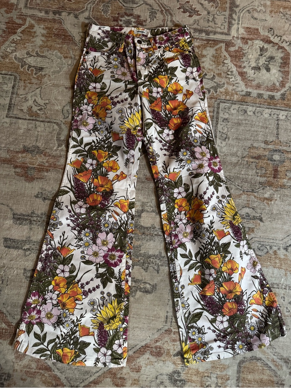 Wrangler Floral Boot Cut Jeans - White with Orange, Yellow & Pink Flowers